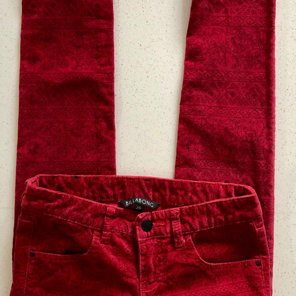 BillaBong Red and Black Straight leg velour pants